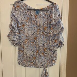CeCe Paisley woman’s Blouse - Light Blue and Orange large